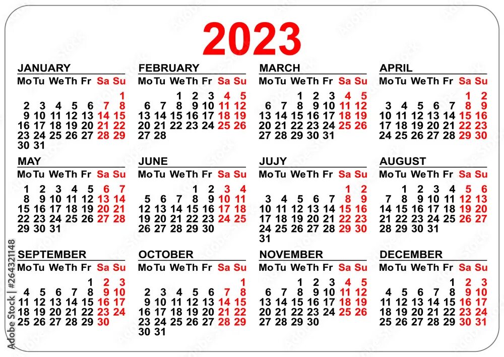 Праздники 2022 2023 года календарь 2023 Calendar template isolated on white. Simple horizontal grid Векторный объек