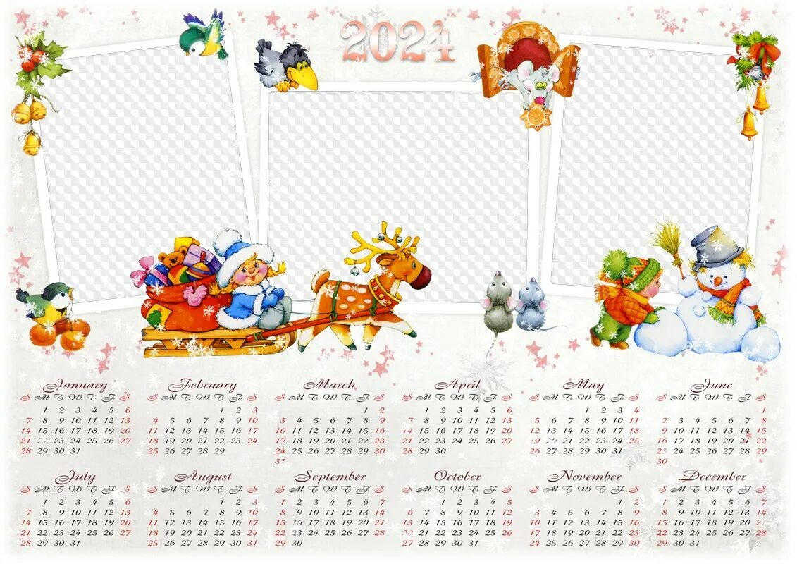 Праздники детский календарь на 2024 год Childrens calendar 2024, Happy Childrens New Year!. Calendar for Photoshop.