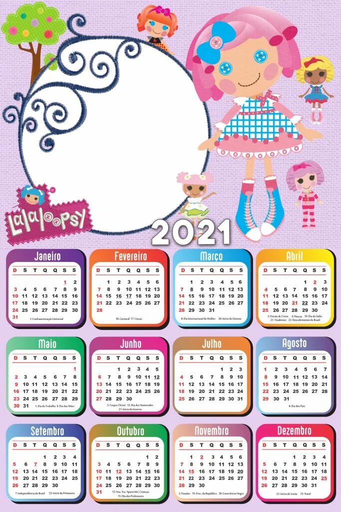 Праздники детский календарь на 2024 год Calendário 2021 PNG Lalaloopsy Moldura - Imagem Legal Calendários infantis, Pági