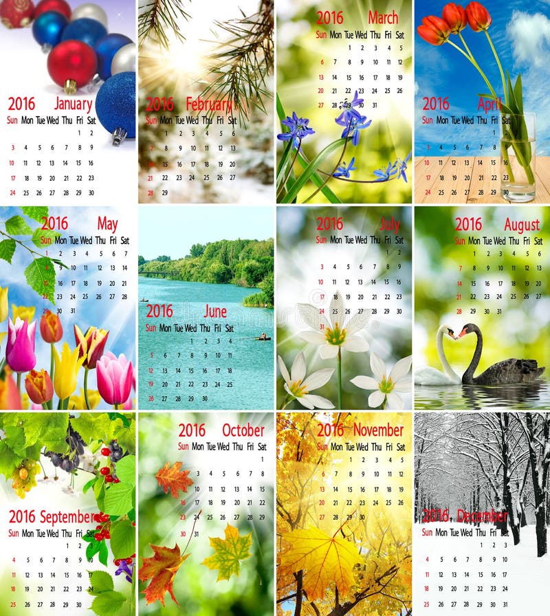 Праздники природы календарь Image of Different Pictures of Nature. Calendar for the Year 2016. Stock Illustr