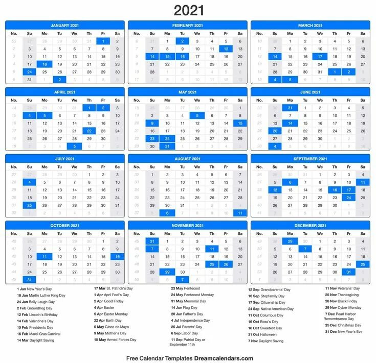 Праздники рабочий календарь 2022 Printable Year 2021 Calendar with Holidays Calendar template, Calendar printable