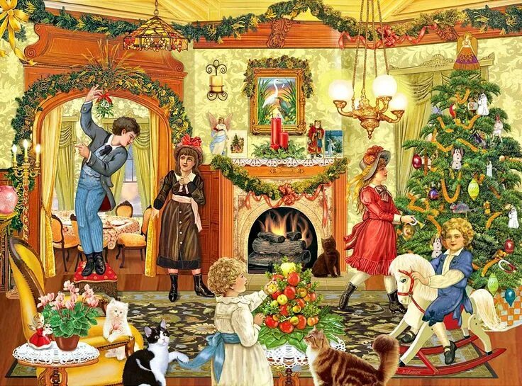 Празднование рождества картинка Rosiland Solomon / Where should we hang the mistletoe? Christmas paintings, Vict