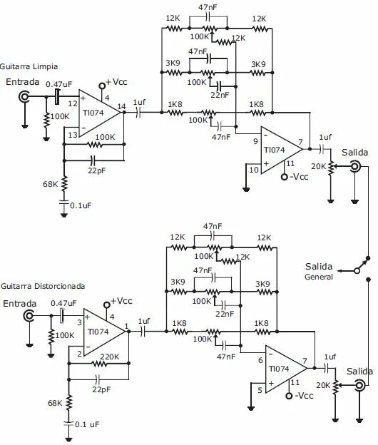 Пред усилители для электрогитар с темброблоками схемы diagrama-preamplificador-equalizador Amplificador de áudio, Amplificador, Diagra