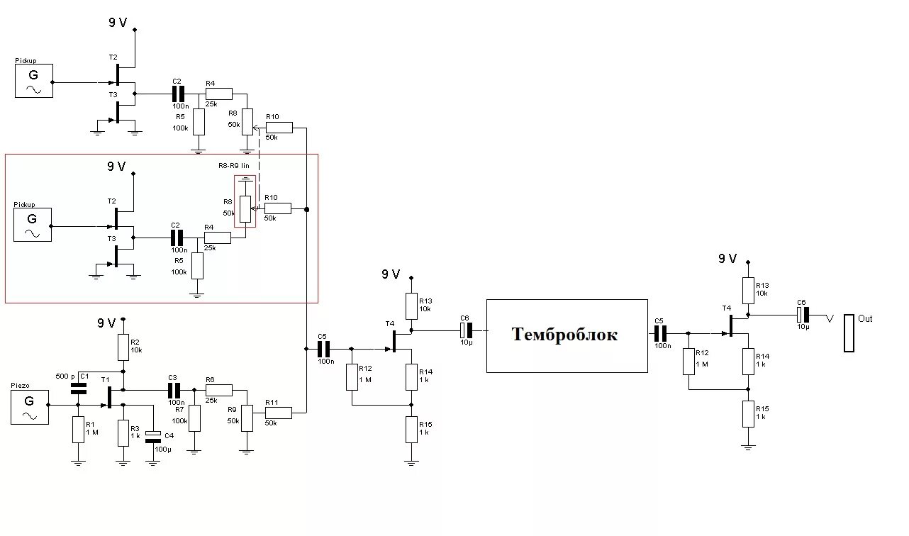 Пред усилители для электрогитар с темброблоками схемы Микшер сигналов электромагнитных и пьезодатчиков гитары - Проверьте мою схему, п