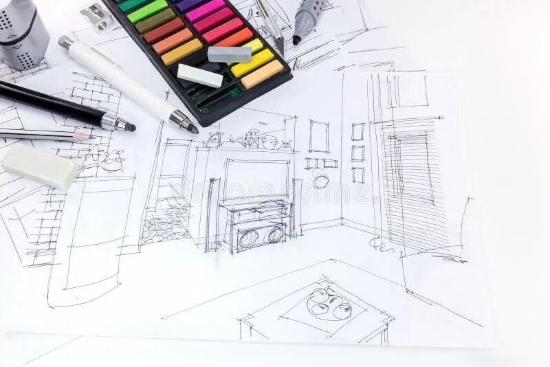 Предметы дизайнера интерьера в университете Colored Sketch of Concept for Home Interior with Designers Working Tools Macro S