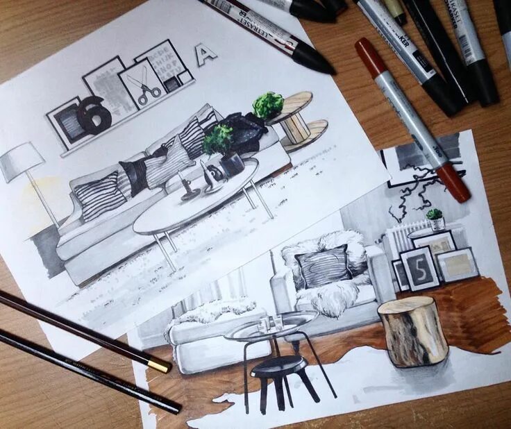 Предметы дизайнера интерьера в университете #sketch #interior #matveeva_sketch Interior design sketches, Interior design dra