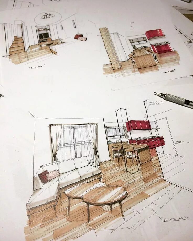 Предметы дизайнера интерьера в университете Interior design, interior sketching, markers, watercolor, house, building, plan,