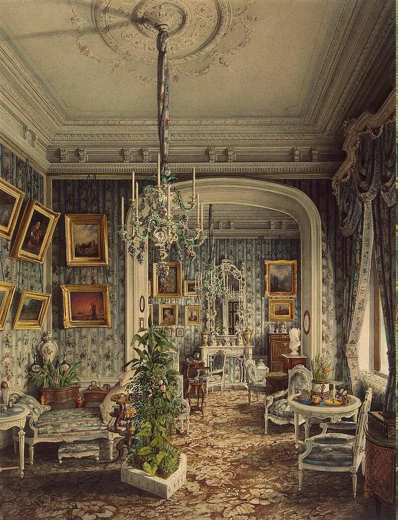 Предметы интерьера городского дома 18 века Файл:Mayblum J. - Palace of Count P.S.Stroganov - Boudoir, 1865.jpg - Википедия