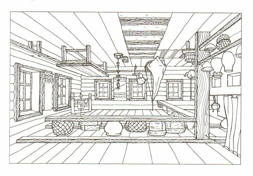 Предметы интерьера русской избы рисунки Распечатать избу