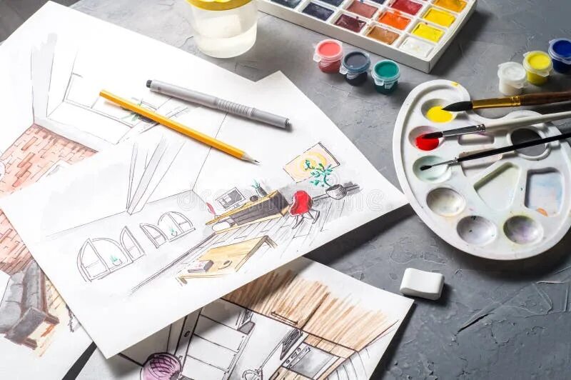 Предметы в колледже на дизайнера интерьера Creative Profession: Designer`s Desk with Scattered Sketches, Paints, Brushes, L