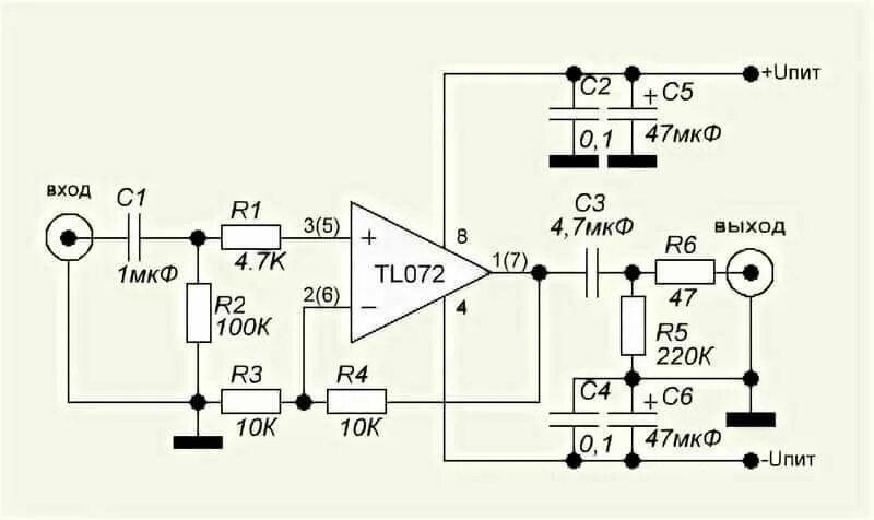 Предусилитель для усилителя мощности схема Схема микрофонного усилителя на tl072