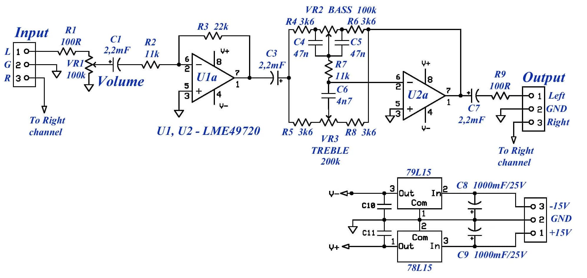 Предусилитель для усилителя мощности схема DIY LME49720 stereo preamplifier with tone control, Komitart LAY6 PCB.