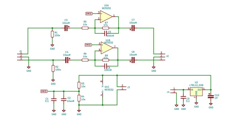 Предварительный усилитель на ne5532 схема RDC1-0048, Предварительный стерео усилитель с низким уровнем шума, NE5532, ChipD