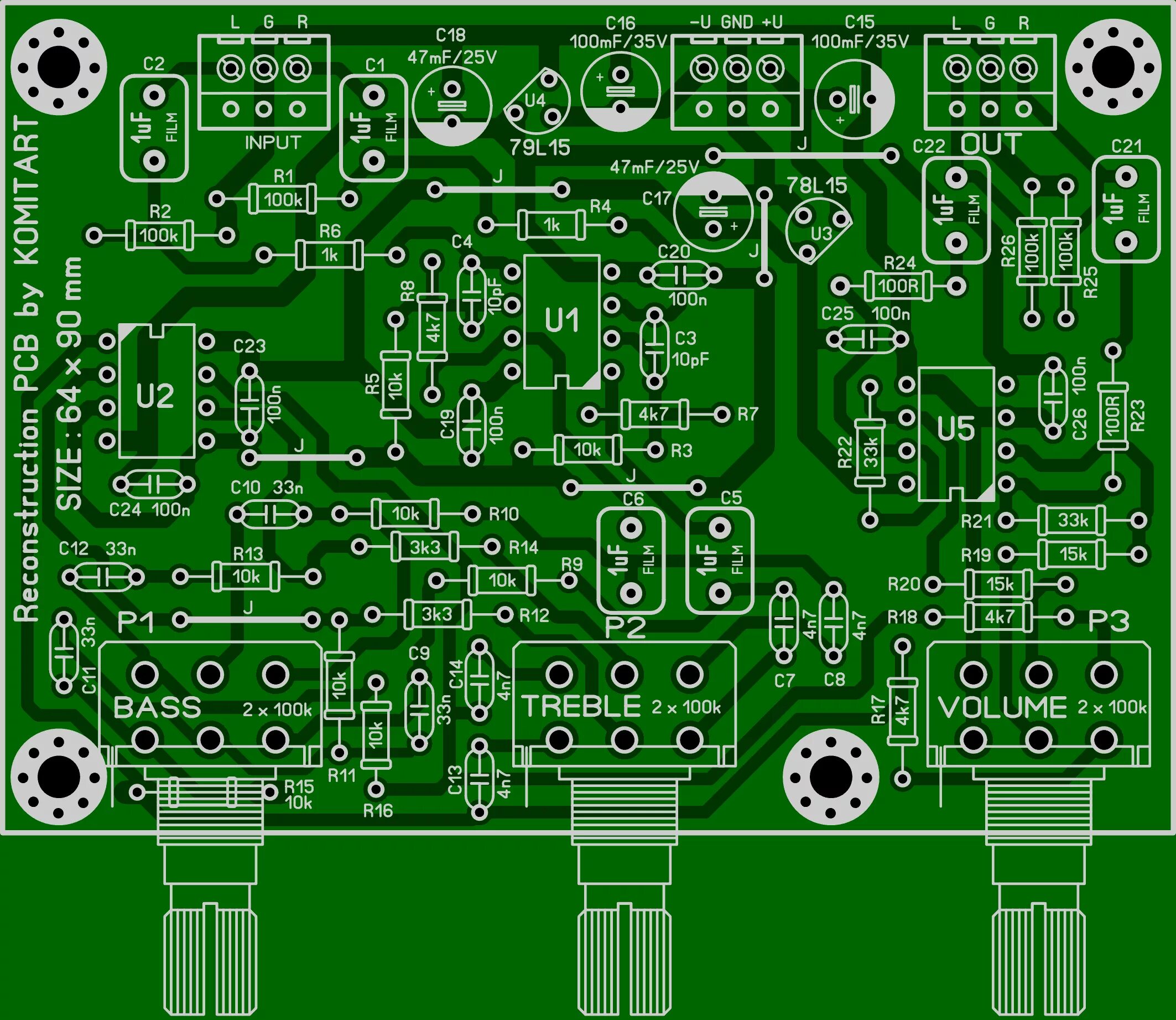 Предварительный усилитель схема и печатная плата DIY NE5532 pre-amplifier komitart project with bass and treble controls