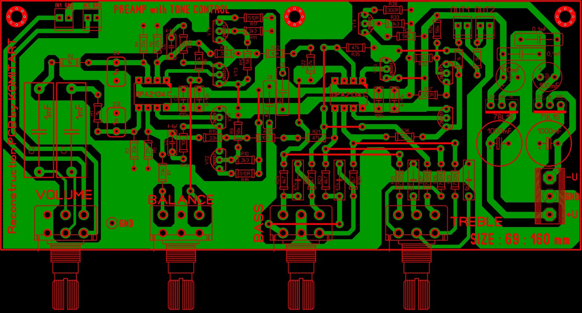 Предварительный усилитель схема и печатная плата Схема предварительного усилителя с регулятором тембра.