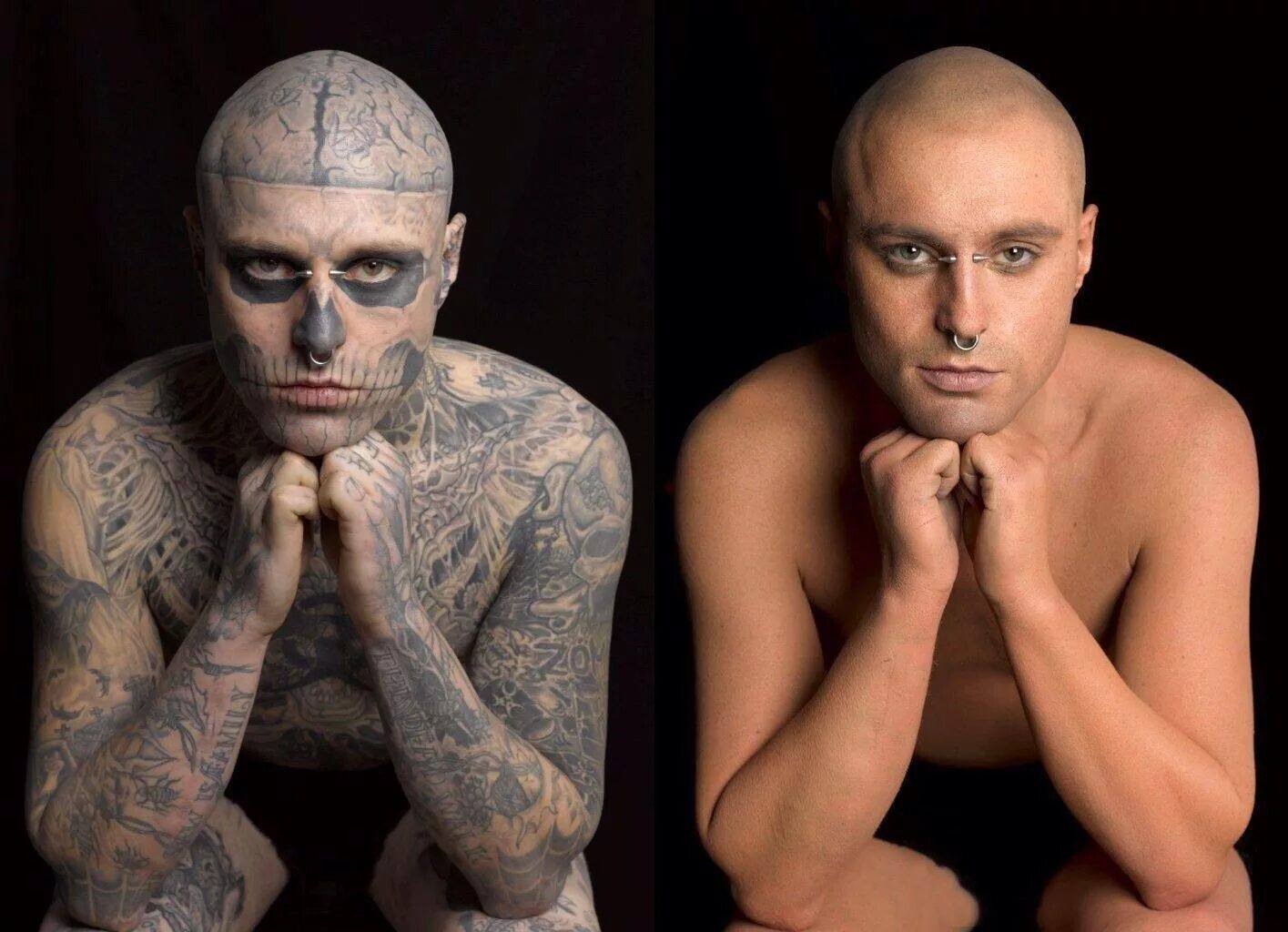 Преобразовать фото в тату A before and after make-up shoot with Rick Genest aka Rico the Zombie Boy, famou