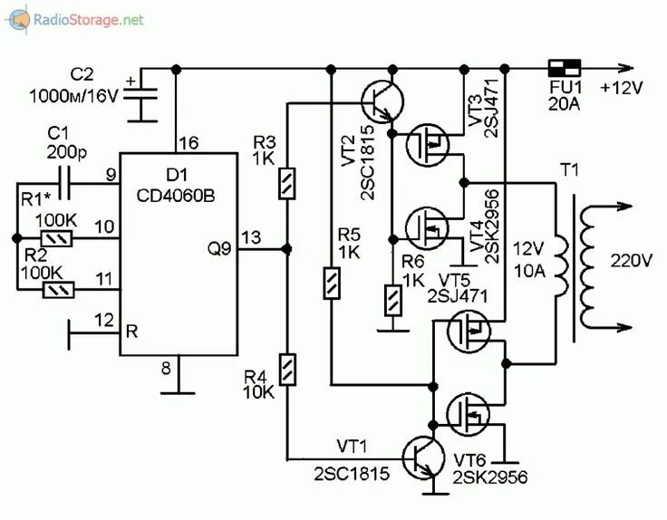Преобразователь 220в своими руками схема Простой и мощный инвертор напряжения 12В - 220В (CD4060, 2SK2956, 2SJ471) Инверт