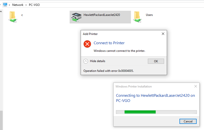 При подключении принтера по сети ошибка 0x00000709 windows - Cannot connect to a shared printer on local network; error 0x00004005 