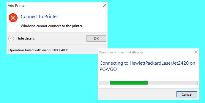 При подключении сетевого принтера ошибка 0x00004005 Fix Network Printer errors; Windows cannot connect to the printer