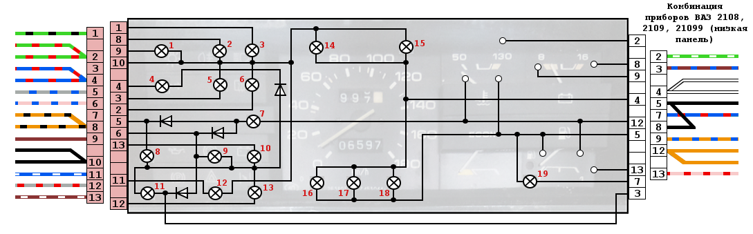 Приборная панель ваз 2109 подключение Распиновка комбинации приборов ВАЗ 2109 (низкая панель)