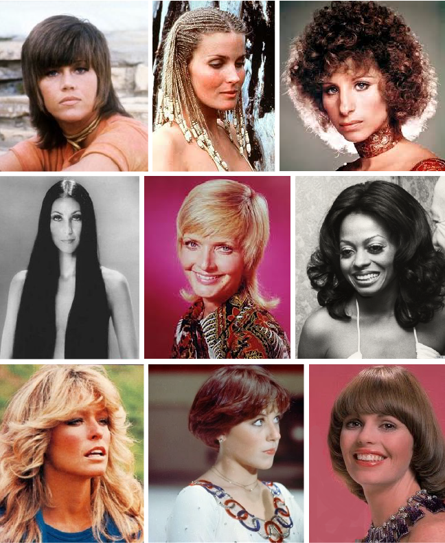 Прическа 1970 х годов The Long 1970s - WOMEN’S HAIRSTYLES OF THE 1970s From upper left to... Acconciat