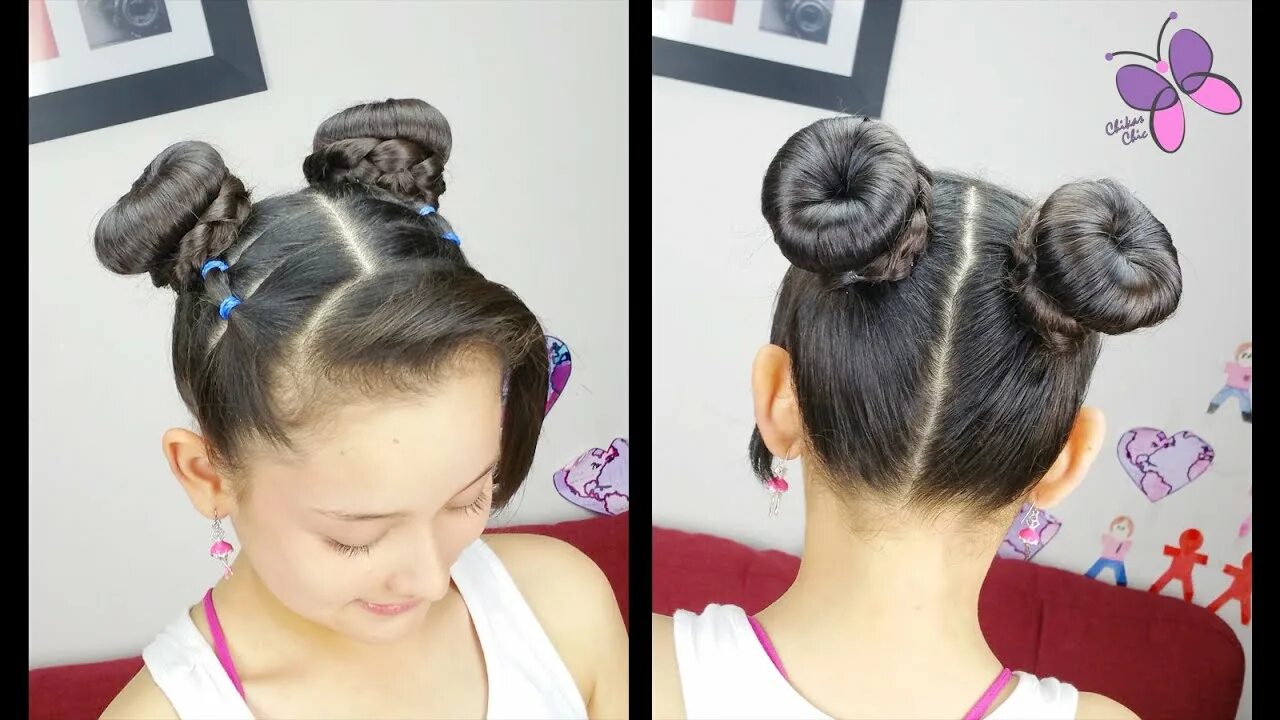 Прическа 2 4 Double Donut Bun Hairstiles for girls Hairstyles for medium/long hairs - YouTube