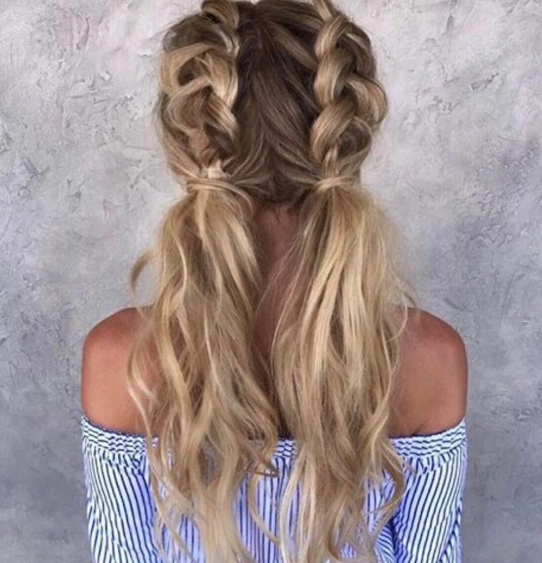 Прическа 2 класс на длинные волосы Two tied messy French-braided pigtails- love the wavy, texturized ends. Long hai