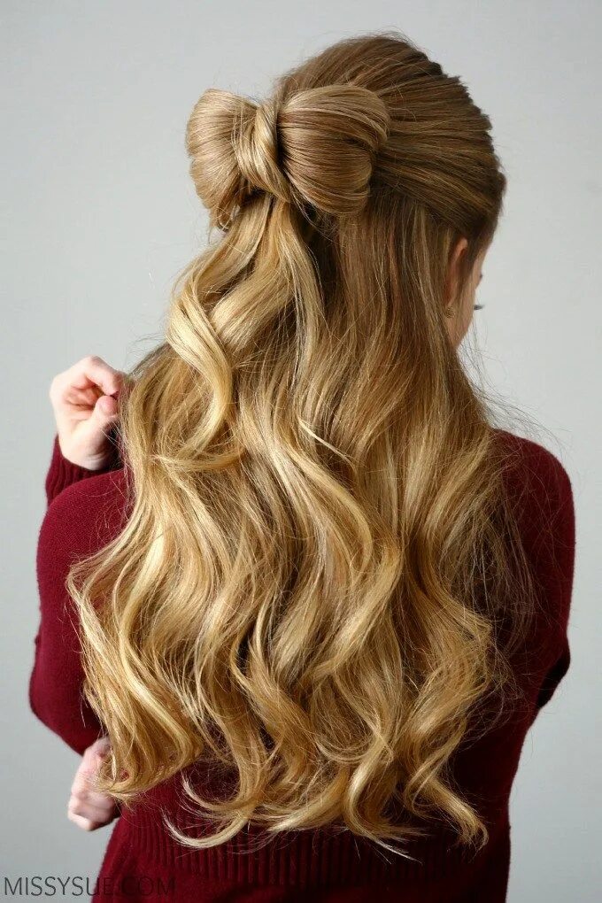 Прическа бант на длинные Half Up Hair Bow MISSY SUE Romantic hairstyles, Long hair styles, Valentine's da