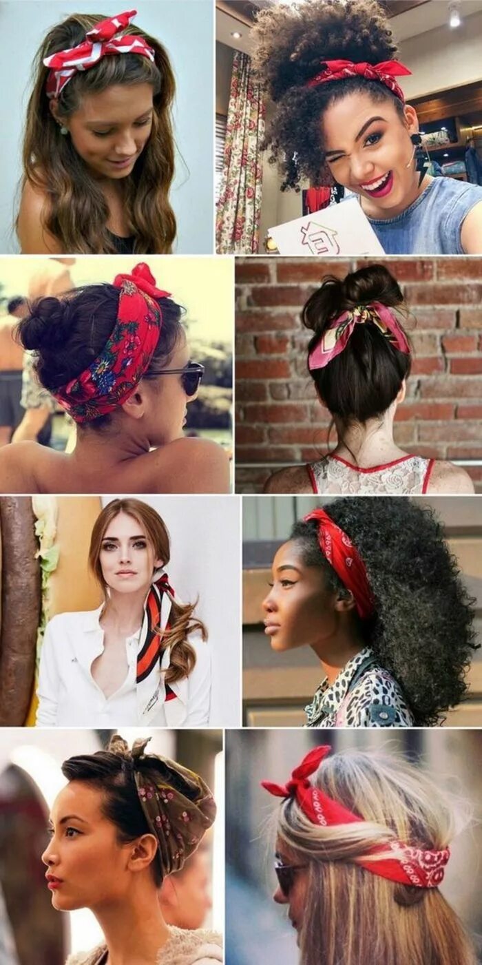 Прическа бублики с банданой для девочки brown curly hair, white shirt, red bandana, hairstyles #bandana #brown #curly #h