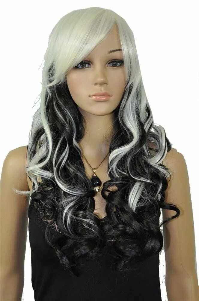 Прическа черно белые волосы Kalyss 24" White and Black Synthetic Curly Wavy Hair Wig with Hair Bangs for Wom