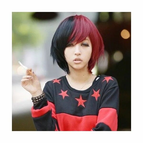 Прическа черно красная короткая Fashion Japanese Harajuku Zippe Short Black & Red Lolita Cosplay Party Wig found