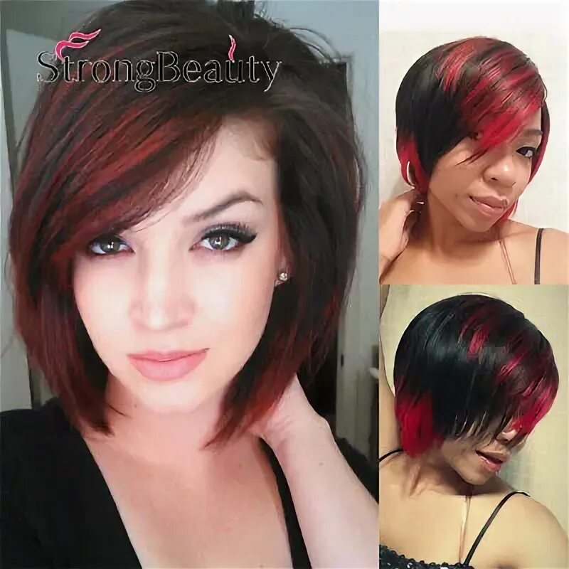 Прическа черно красная короткая Red Black Ombre Hair Straight Bob Wigs Synthetic Hair Short Party Hair Wigs eBay