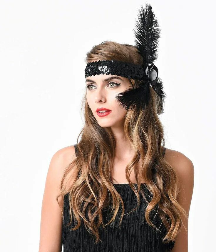 Прическа чикаго на длинные волосы Black Sequined Glitter Rose & Feather Flapper Headband Gatsby hairstyles for lon