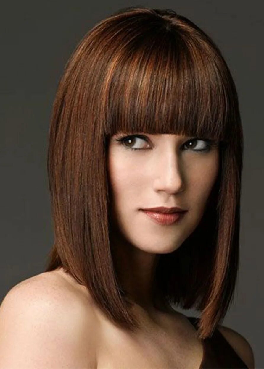 Прическа длинное каре с челкой фото Medium Bob Hairstyles Heat Resistant Women's Straight Synthetic Hair Capless Wig