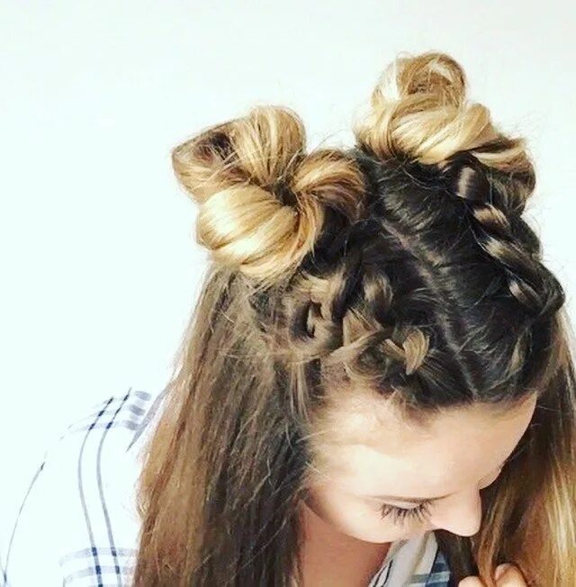 Прическа для девочек шишечки Double Dutch Braid Buns Half-up Hairstyle Braided bun hairstyles, French braid h