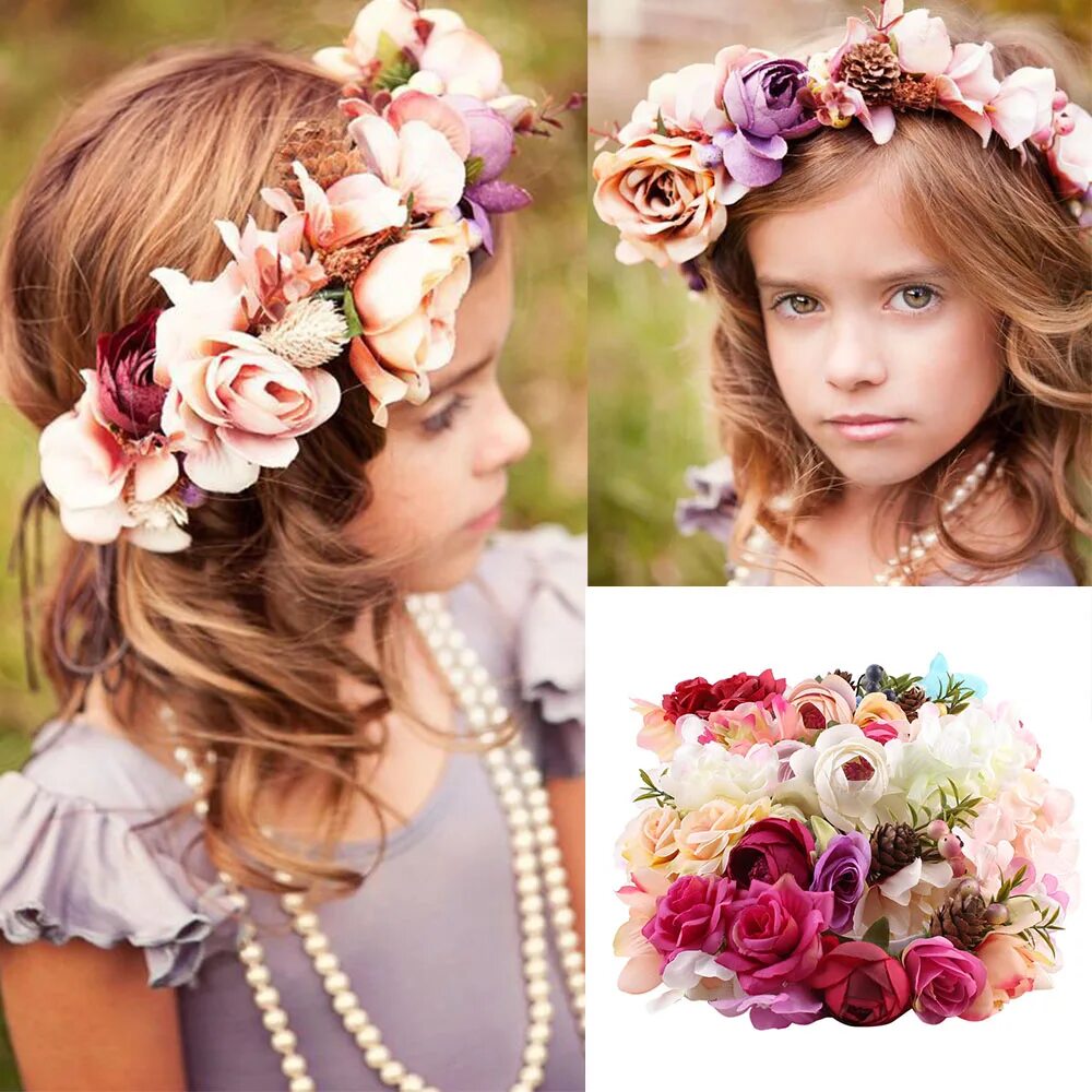 Прическа для девочки с ободком из цветов 2018 Girls Flower Headband Handmade DIY Flower Wreath Crown Party Girl Bride Hai