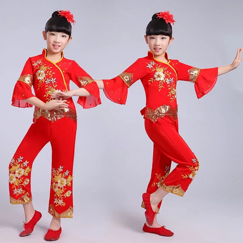 Прическа для китайского танца девочка New Design Red Children Fan Yangko Dance Costumes Embroidery Chinese Folk Dance 