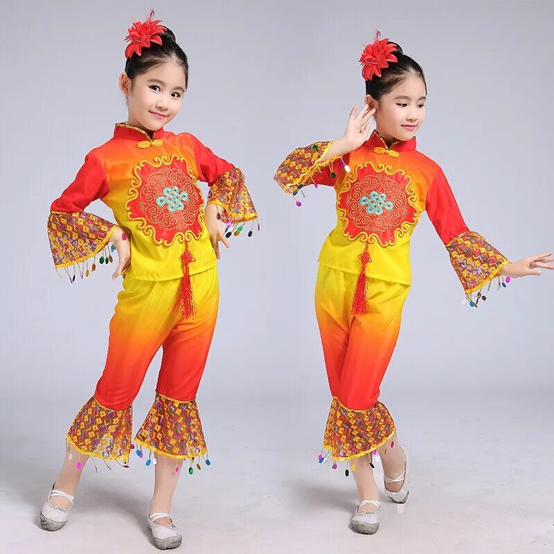 Прическа для китайского танца девочка Children's Yangko Dance Costume Girls Chinese Folk Dance Clothing Chinese Tradit