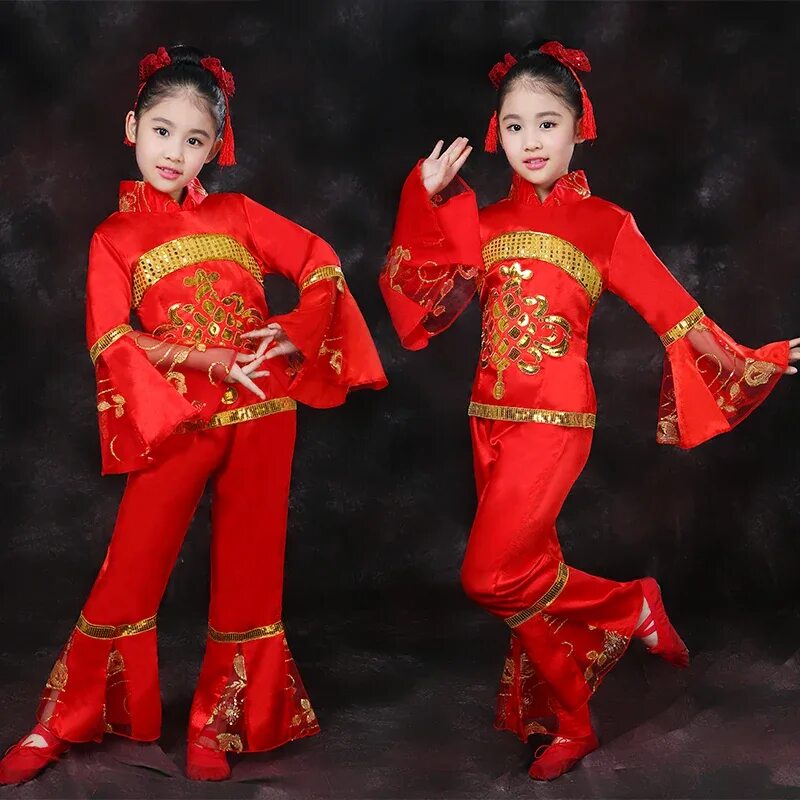 Прическа для китайского танца девочка Children's Yangko Costumes Girls National Festival Dance Costumes Chinese Knot P