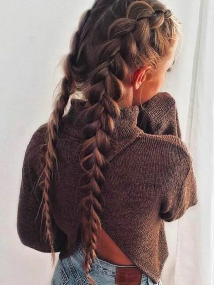 Прическа две косички braid hairstyles for long hair, brown hair, two side braids, brown sweater, blue