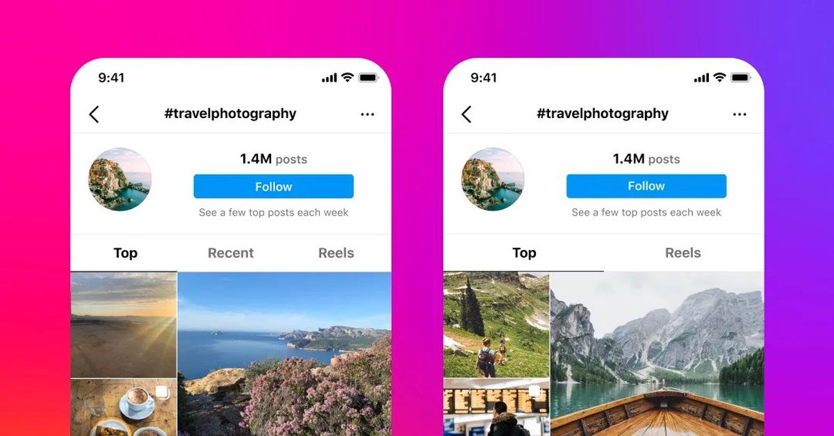 Прическа фриндж Instagram shuffles hashtag content in a new test that removes its 'recent' tab -