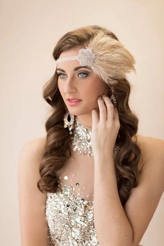 Прическа гэтсби на длинные 20s Bridal Headpiece, Great Gatsby Wedding 1920s Feather Fascinator, Silver Bead