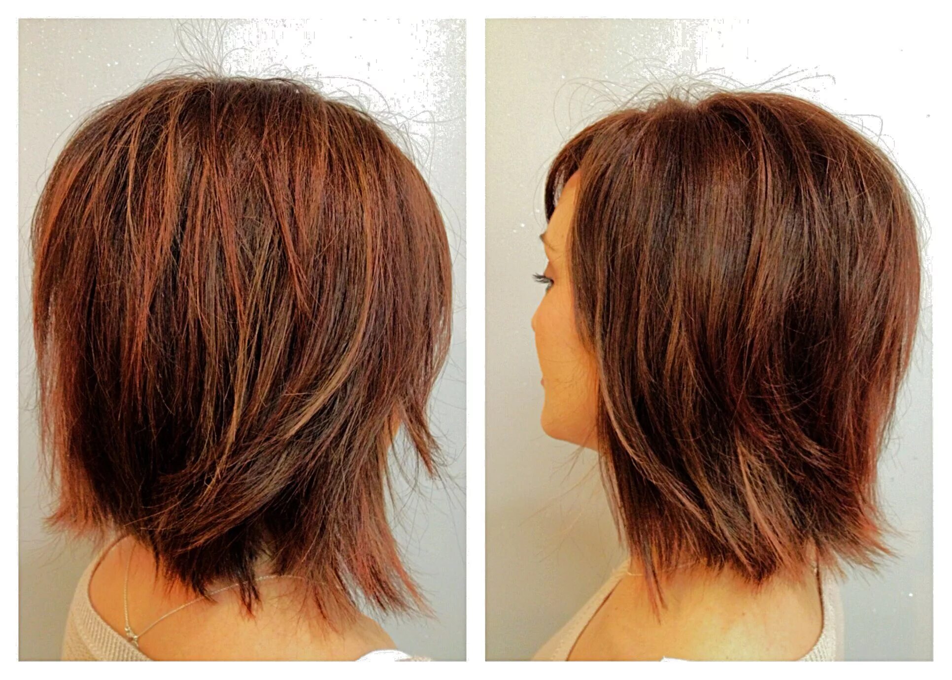 Прическа градуированное каре на средние Choppy Bob ( mid-neck length) Mocha Brown with Copper and Peek-a-Boo Almond High