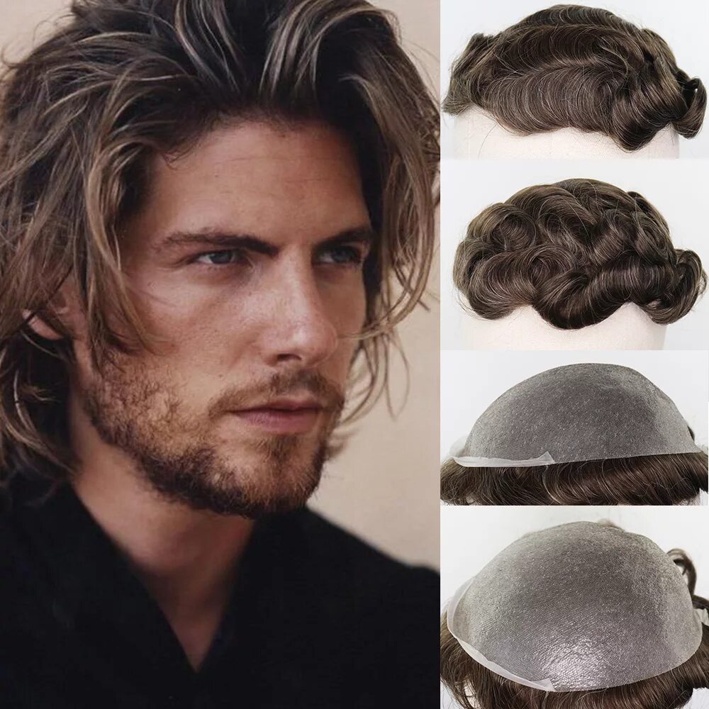 Прическа гранж мужская длинная YY Wigs Brown / Grey Human Hair Toupee for Men Wig Remy Hair Replacement System 