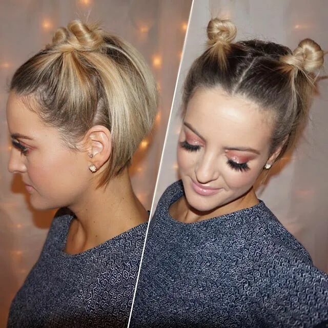 Прическа гульки на короткие волосы Twin Fun Buns for Short Hair