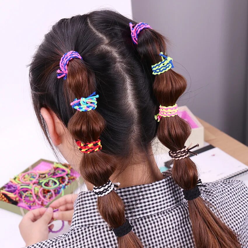 Прическа хвостики с резинками на длинные волосы 10PCS Hair Accessories for Girls and Kids Hand Woven Rubber Bands Black Colorful