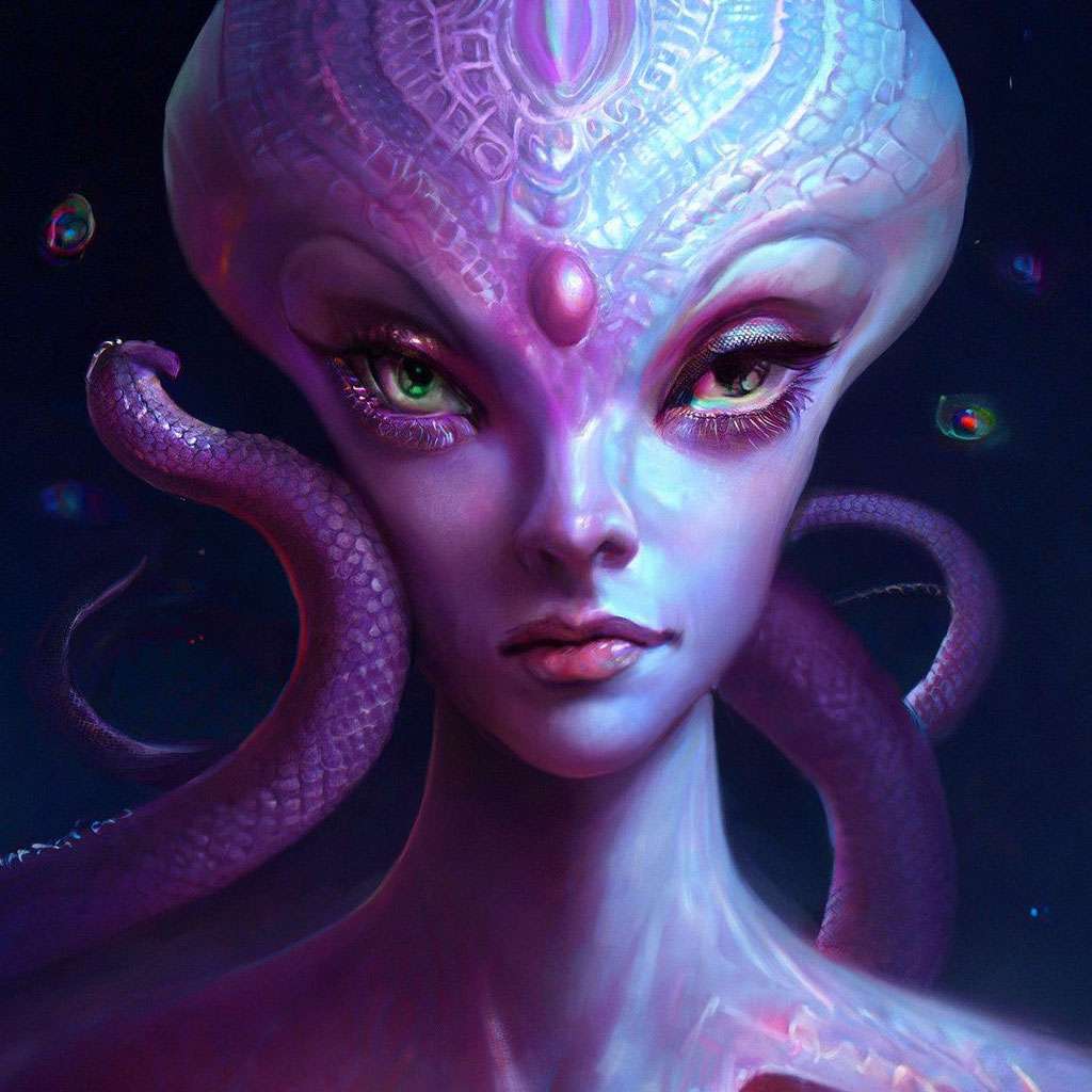 Прическа инопланетянки для девочки "Beautiful alien girl with snakes on ." - image created in Shedevrum