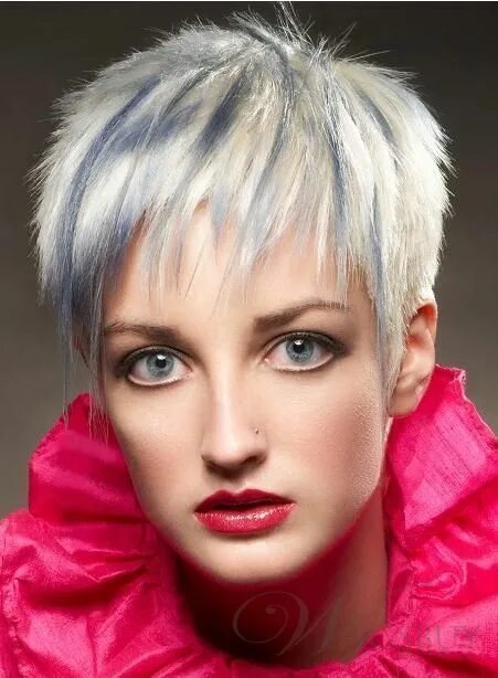 Прическа короткая перьями 2012-2013 Stylish Super Short Layered Straight Blonde Mixed with Light Blue Wig 