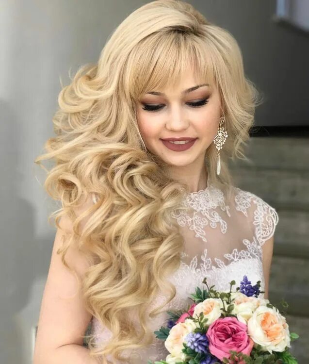 Прическа кудри на длинные волосы с челкой Pin on Прически с челкой Hair styles, Pretty, Flower girl dresses