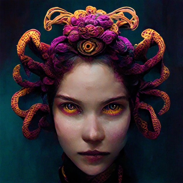 Прическа медуза мужская Medusa monster, face of the gorgon art of evil with snakes on hair Premium AI-ge